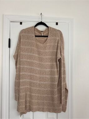 Free People Cozy Taupe Striped V-Neck Women's Sweater